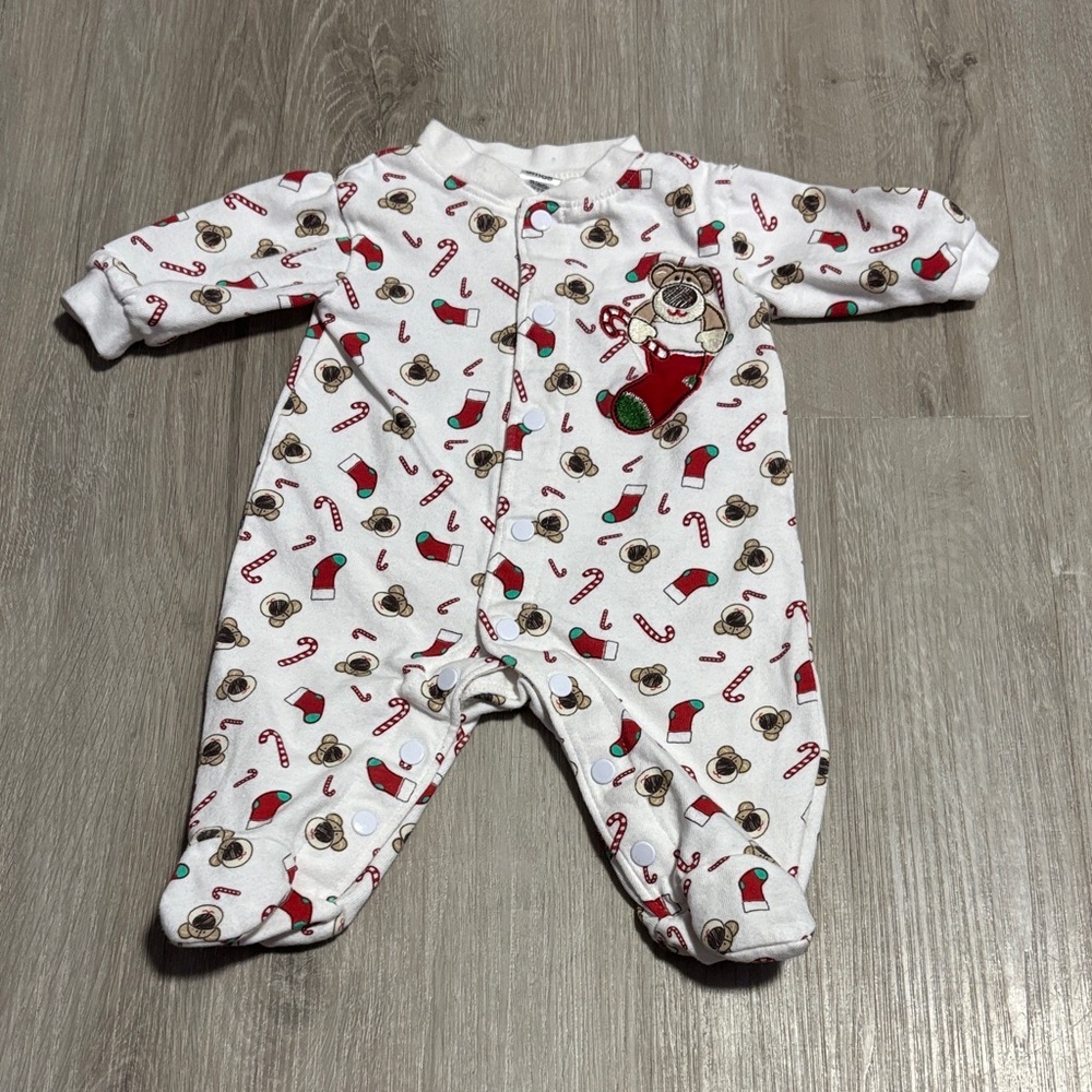 George White Kids Footie with Red and Green Holiday Print
